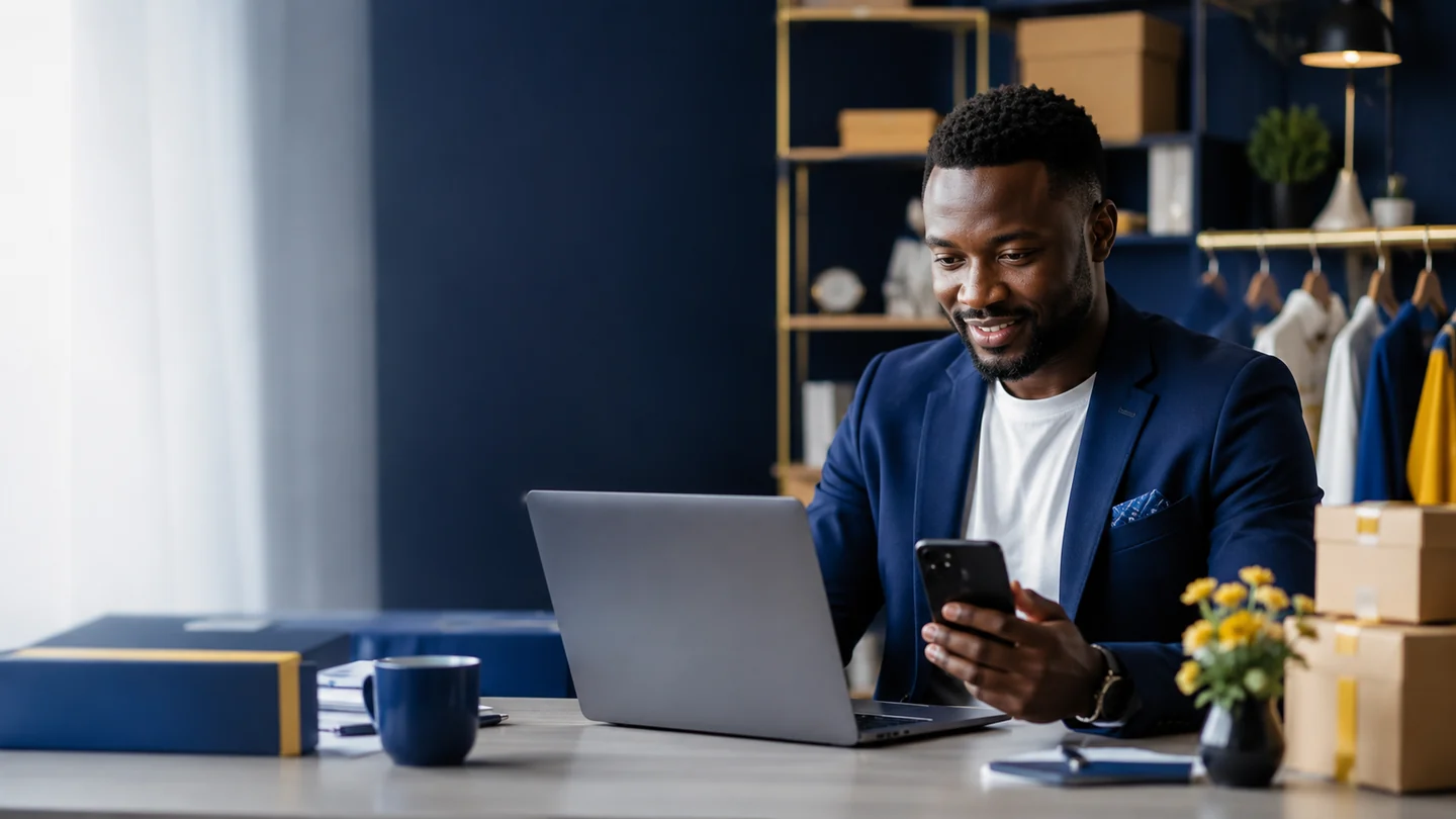 African entrepreneur managing an e-commerce and WordPress website from a modern workspace