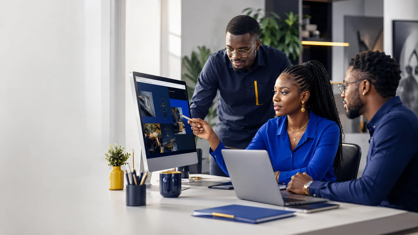 African website design team collaborating in a modern office